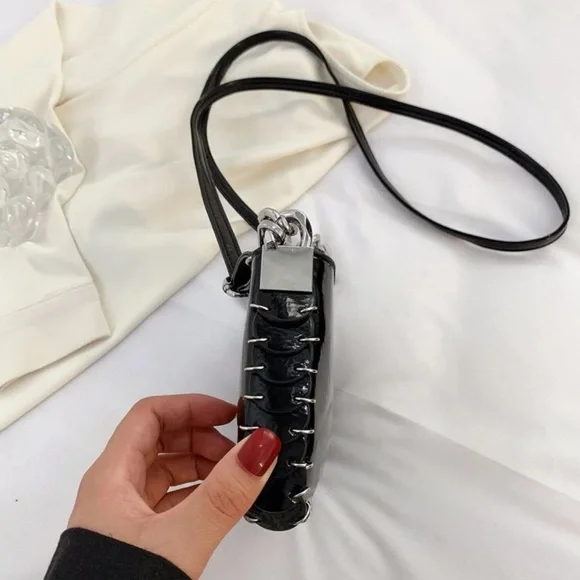 Black Patent Crossbody Bag with Silver Chain - Picture 8 of 10